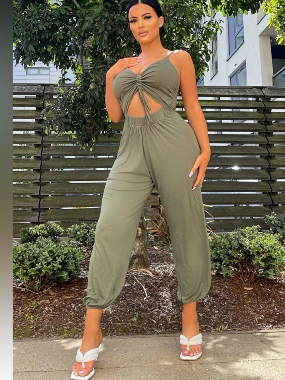 Fashion Nova Olive Cutout Tie-Front Jumpsuit